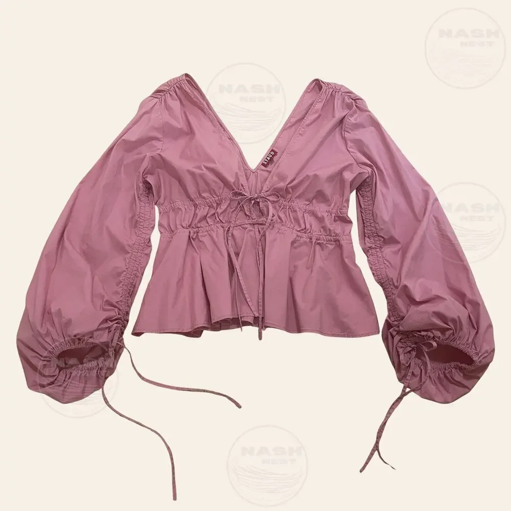 STAUD M Shelby Top Pink | Feminine Peplum, Bows Balloon Puff Cottage Blouse $275